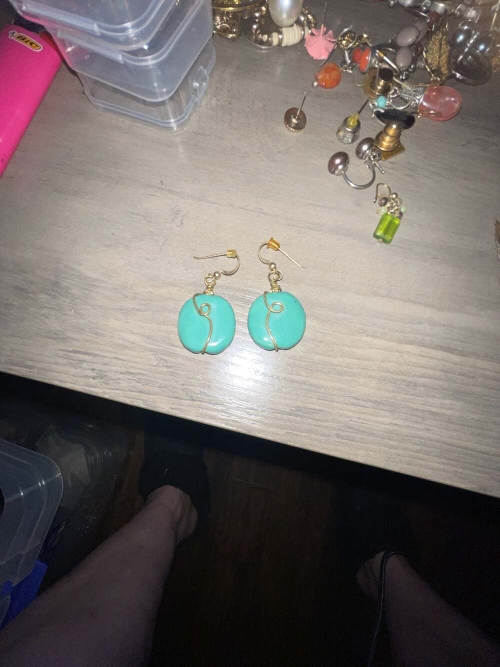 Unbranded Turquoise And Gold Tone Wire Wrapped Dangle Earrings